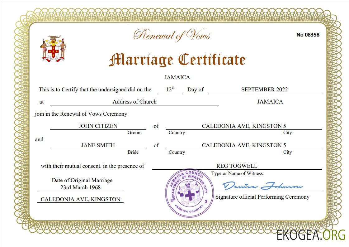 Modèle Word et PDF de certificat de mariage en Jamaïque